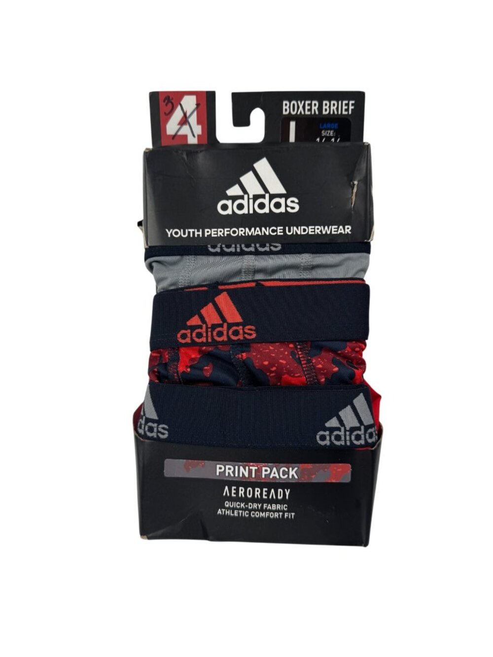 adidas NEW 3-Pack Youth Performance Underwear Boxer Brief L 14-16 Grey Red Black